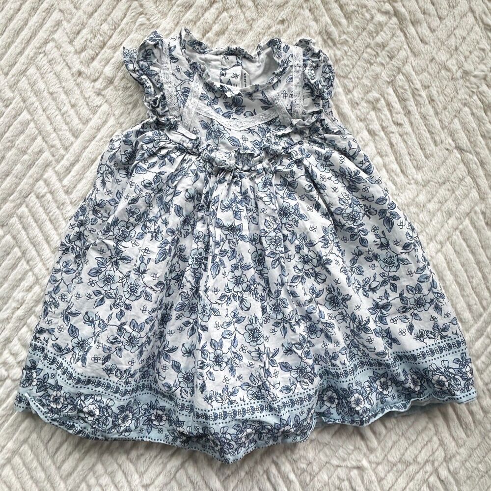 Janie and Jack 12-18M Blue Floral Toile Cotton Dress Lace Ruffle